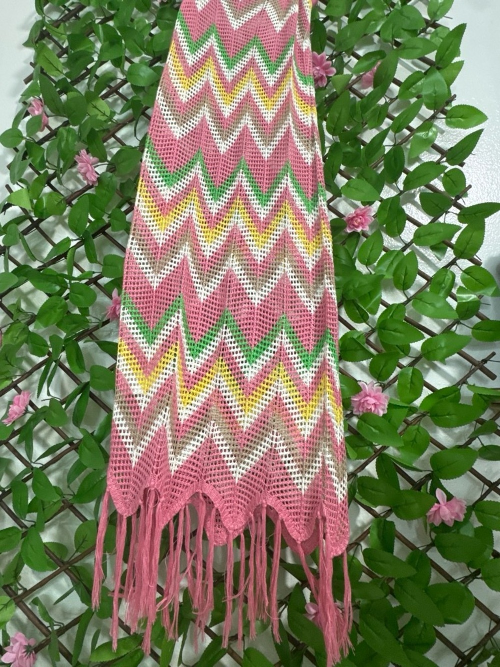 Almost Famous Pink Chevron Knit Fringe Scarf with Green, Yellow & White Accents
